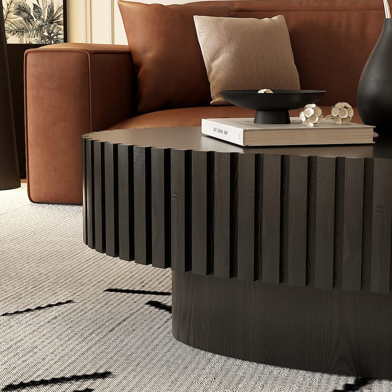 43.31" MDF Modern Coffee Table with Handcrafted Solid Wood Reliefs, Easy Assembly