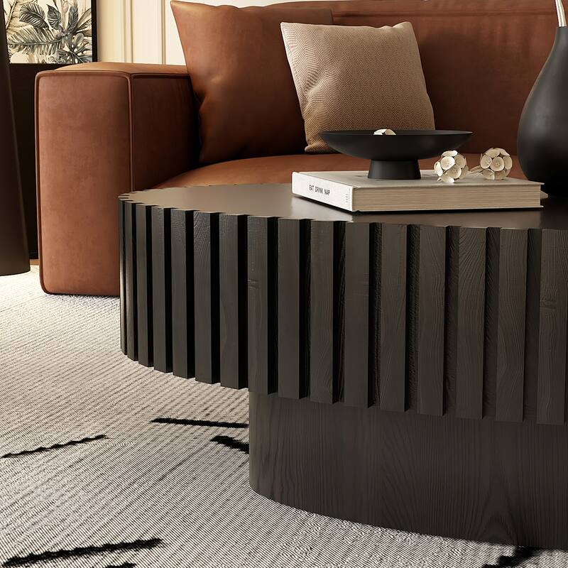 Handcrafted Relief Oval Coffee Table with Sturdy Pedestal