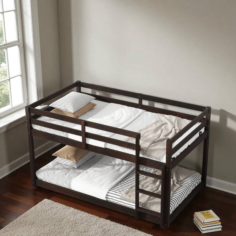 Solid Rubber Wood Twin Over Twin Floor Bunk Bed with Ladder, Low Height Design and Strengthened Slat Support