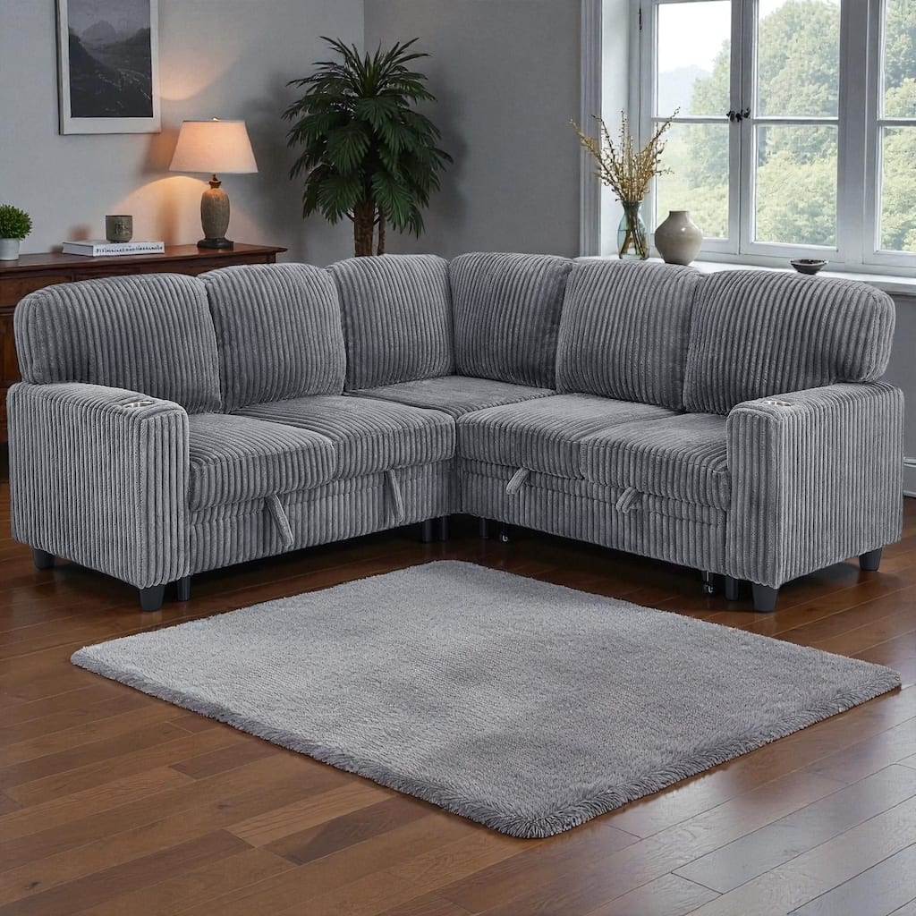 81" L-Shaped Sectional Sofa Bed with Pull-Out Sleeper, Storage, USB & Type-C Ports, Corduroy Convertible Couch