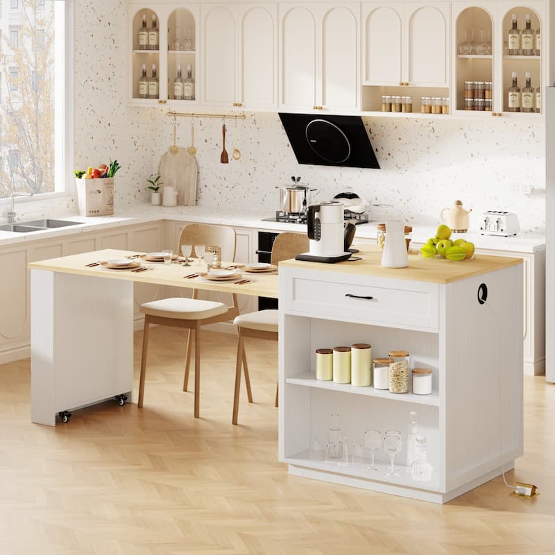 Rolling Kitchen Island w/Extendable Dining Table, Wooden Cupboard Spice Storage Cabinet w/Charging Station & 2 Side Open Shelves