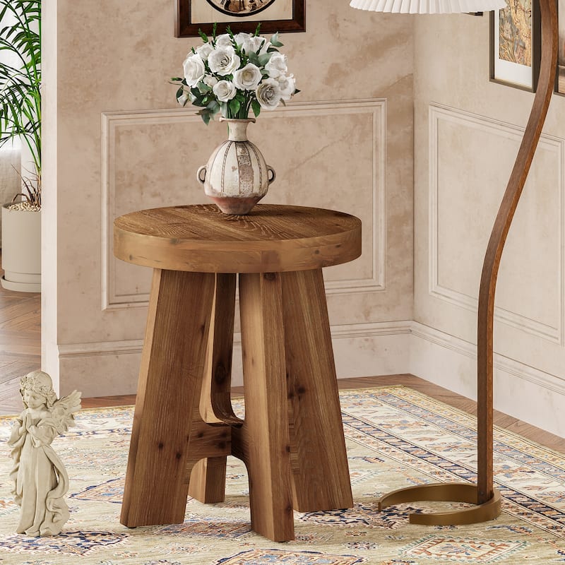 Round Solid Wood End Table, Couch Side Bedside Accent Table for Bedroom Living Room