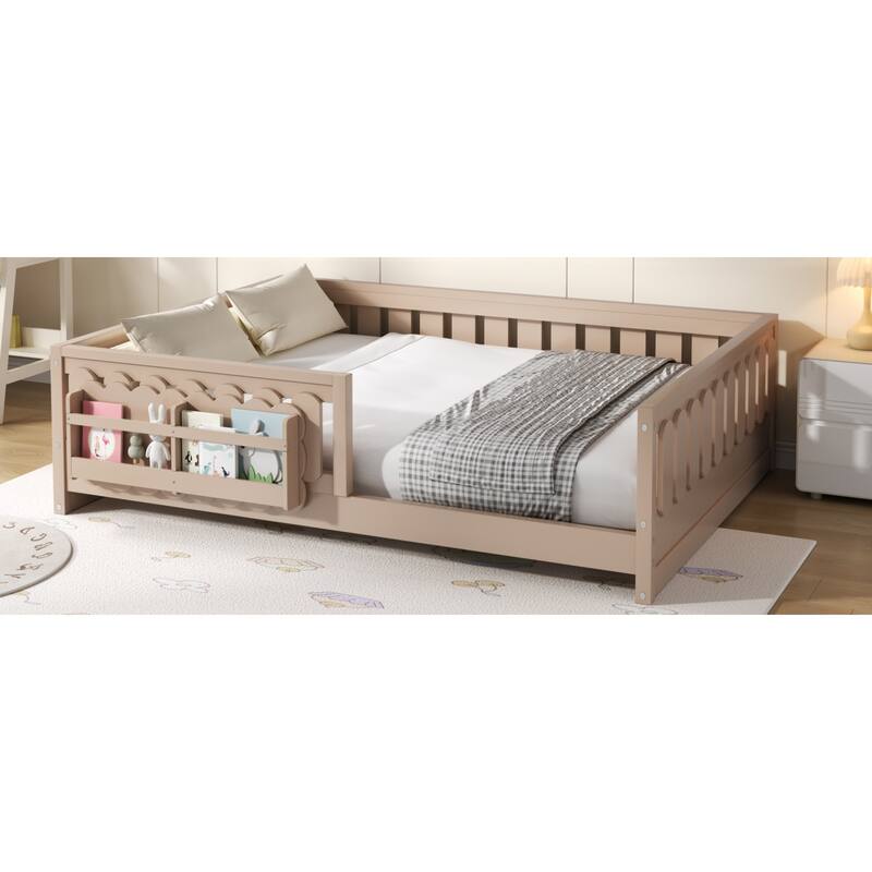 Roomfitters Full Size Wood Platform Bed with Guardrail and 2 Bookshelves