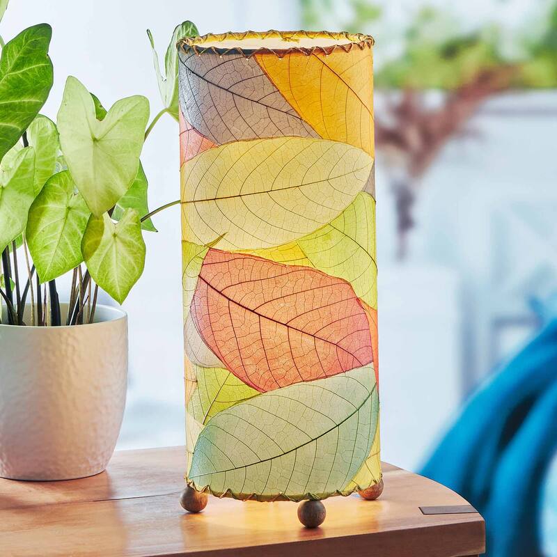 Eangee Handmade Cocoa Leaf Cylinder Table Lamp, Cocoa Leaves Shade, 7 x 7 x 17 in.
