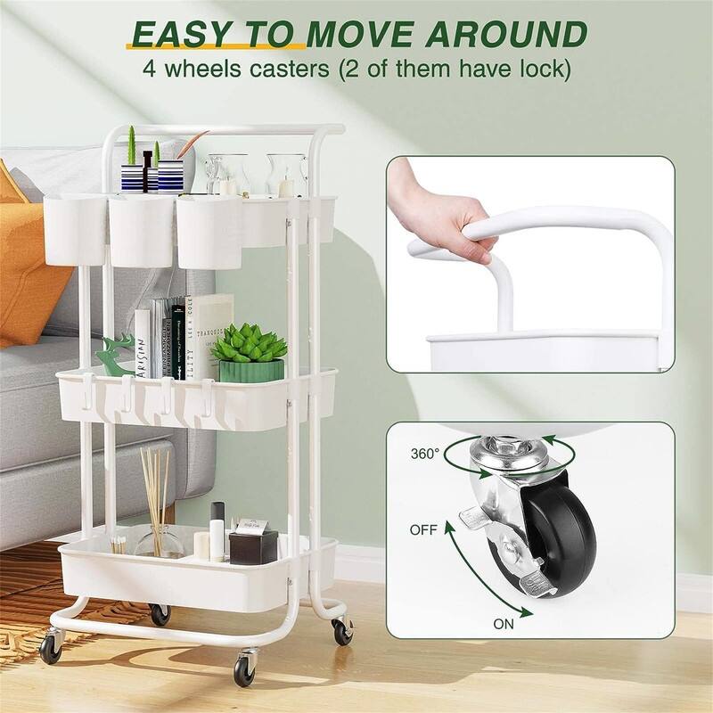 3Tier Rolling Mobile Utility Cart with Hanging Cups - 13"D x 16.5"W x 33"H