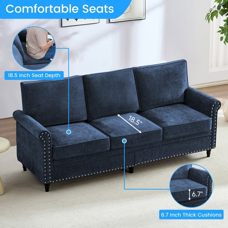 Mixoy Chenille Living Room Sofa,Modern 3-Seater Sofa Couch,Unique Riveted Look