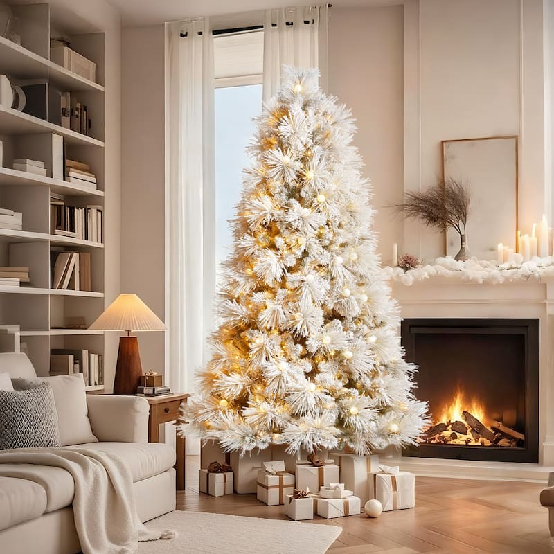 Glitzhome 7.5FT/9FT Pre-Lit Flocked Snowy Full Pine Artificial Christmas Tree with Warm White Globe Lights & Foot Switch