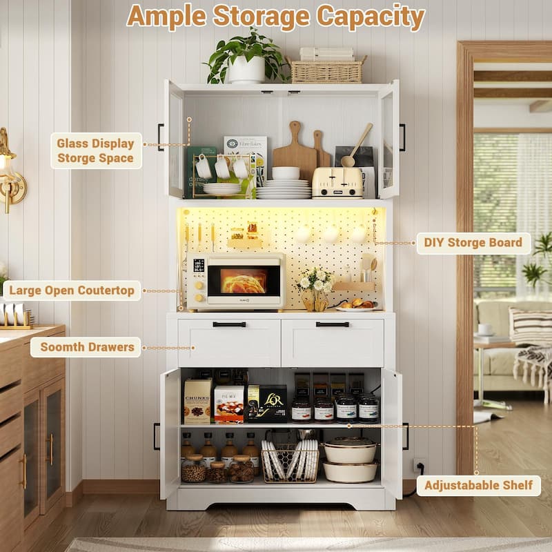 71" Kitchen Pantry Storage Cabinet with LED Light & Power Outlet, Freestanding Buffet Cabinet with Microwave Stand and Doors
