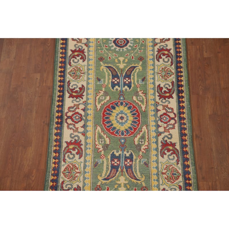 Green Floral Kazak Runner Rug Hand-Knotted Wool Carpet - 2'8" x 9'7"