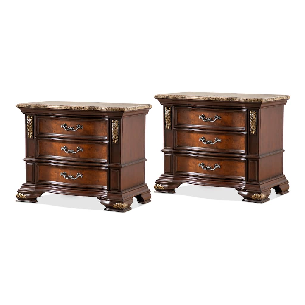 Furniture of America Cresswell Traditional Dark Cherry and Oak Stone Top 3-Drawer Nightstand (Set of 2)