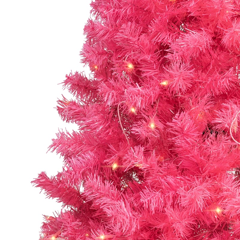 Pre-Lit Artificial Tinsel Christmas Tree - 7' - Pink - Clear Lights - 7 Foot