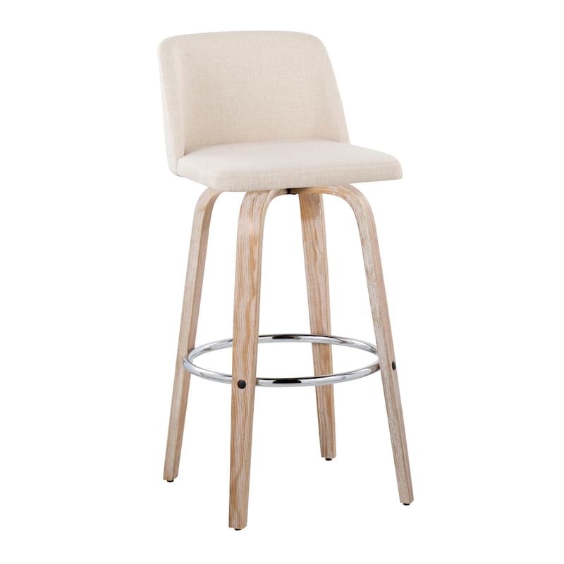 The Gray Barn Vallberga 30" Fixed-Height Bar Stool with White Washed Wood Base (Set of 2) - Cream Noise Fabric/Round Chrome Footrest