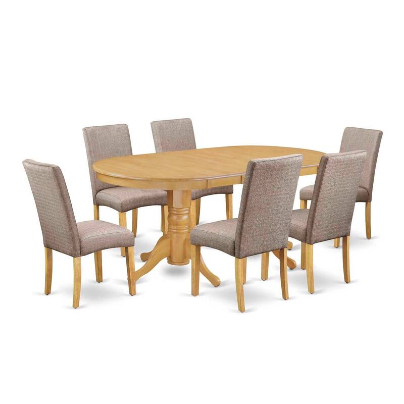 Dining Room Set 7Pc Table & Chairs - Modern Design, Oak Finish, Linen Fabric, Dark Khaki