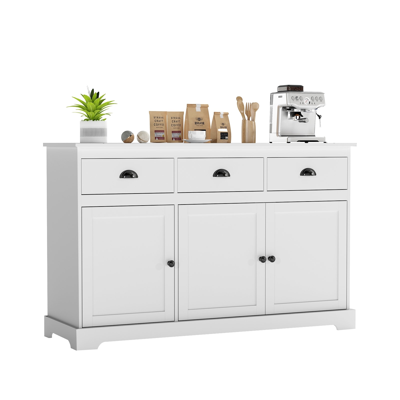 Gymax 3 Drawers Sideboard Buffet Cabinet Console Table Kitchen Storage Cupboard White