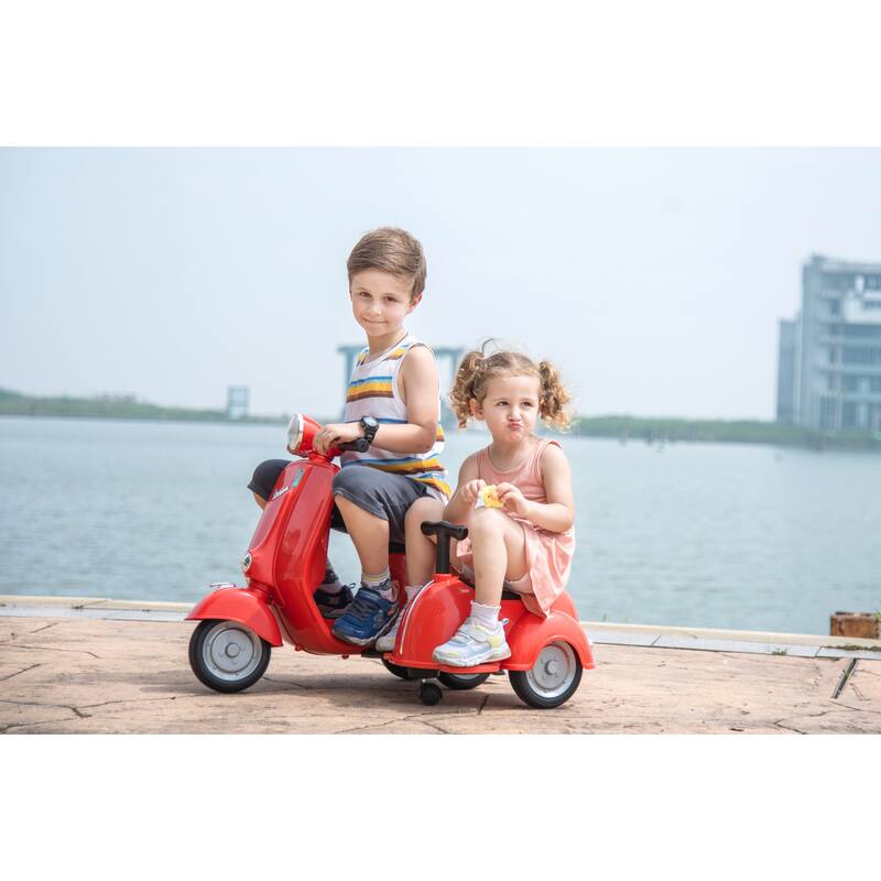 Vespa 6V Ride-On Motorcycle with Sidecar, Stylish Kids Electric Scooter Toy for Siblings, Safe and Fun for Boys and Girls