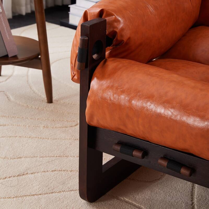 Vintage Orange Medieval Modern Lounge Chair - Removable Armrests, Waxed Leather & Rubberwood Frame