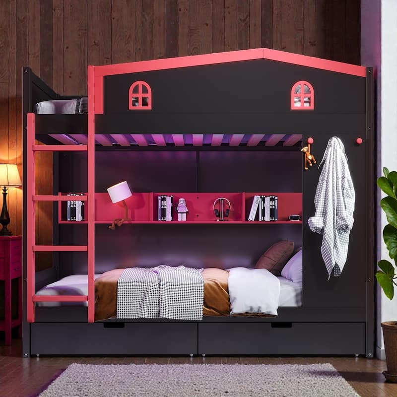 Queen Over Queen Solid Wood Bunk Bed with Storage Drawers and Shelves, Built In Hooks, No Box Spring - Black Red - Queen
