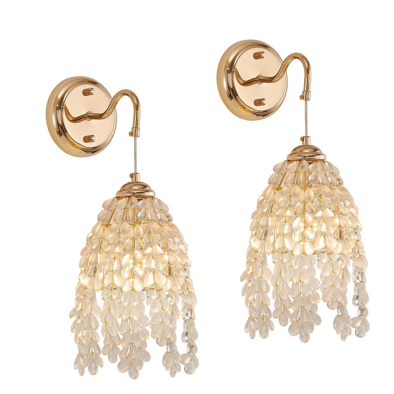 Set of 2 Elegant Gold Wall Sconces with Crystal Grape Beads E12 Socket, for Living Room, Bedroom, Hallway (Bulbs Not Included)