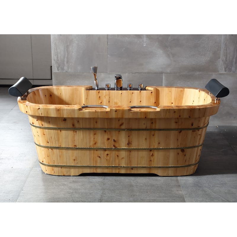 ALFI brand AB1130 65" 2 Person Free Standing Cedar Wooden Bathtub with Fixtures & Headrests - Brown
