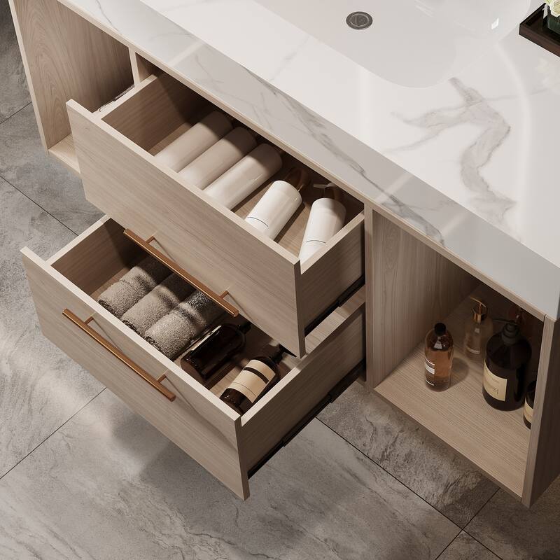 Floating Bathroom Vanity with Ceramic Sink, Rectangle Bathroom Storage Cabinet with Sintered Stone Countertop