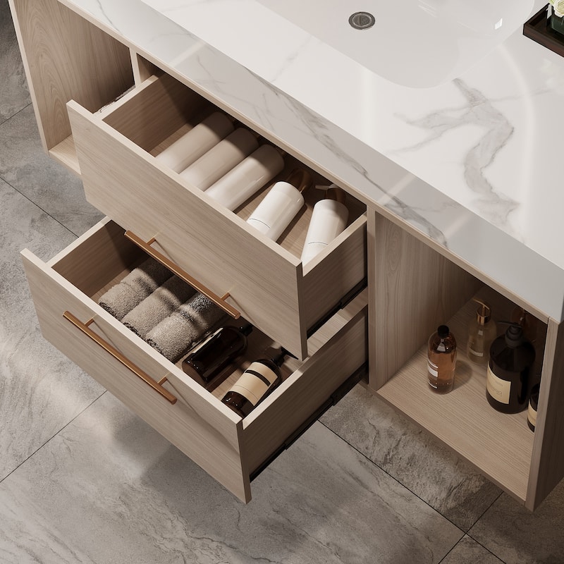 Modern Wall Mounted Bathroom Vanity Floating Storage Cabinet with Ceramic Sink, Faux Marble Countertop, Drawers and Open Shelves