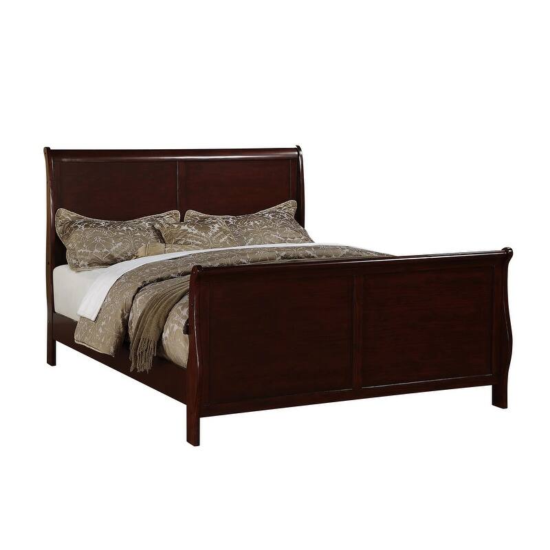 Queen Size Sleigh Design Bedframe in Dark Cherry, Contemporary Style