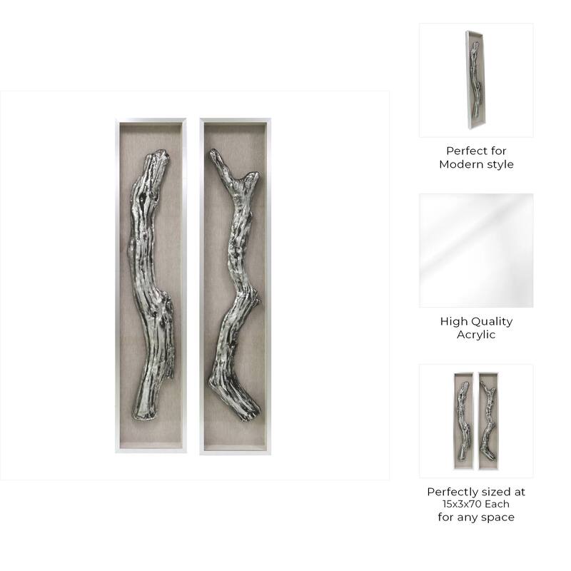 Glass Wall Sculpture Branch-Inspried 3D Relief (Set of 2) - 70" Ivory - 15" x 3" x 70"