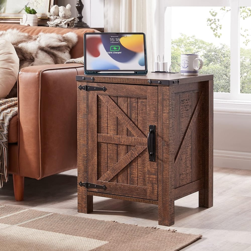 Farmhouse Wood Nightstand with Charging Station, End Table, Side Table