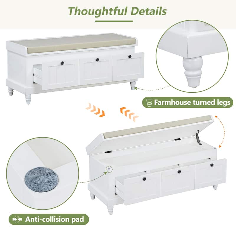 Classic Shoe Bench with Cushion and 3 Drawers, White Entryway Bench Corridor Bench Window Bench Vanity Bench