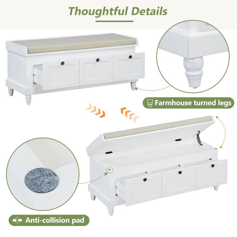 Storage Bench with Cushioned Seat & 3 Drawers, Wooden Entryway Storage Bench, Shoe Bench with Hidden Storage Space