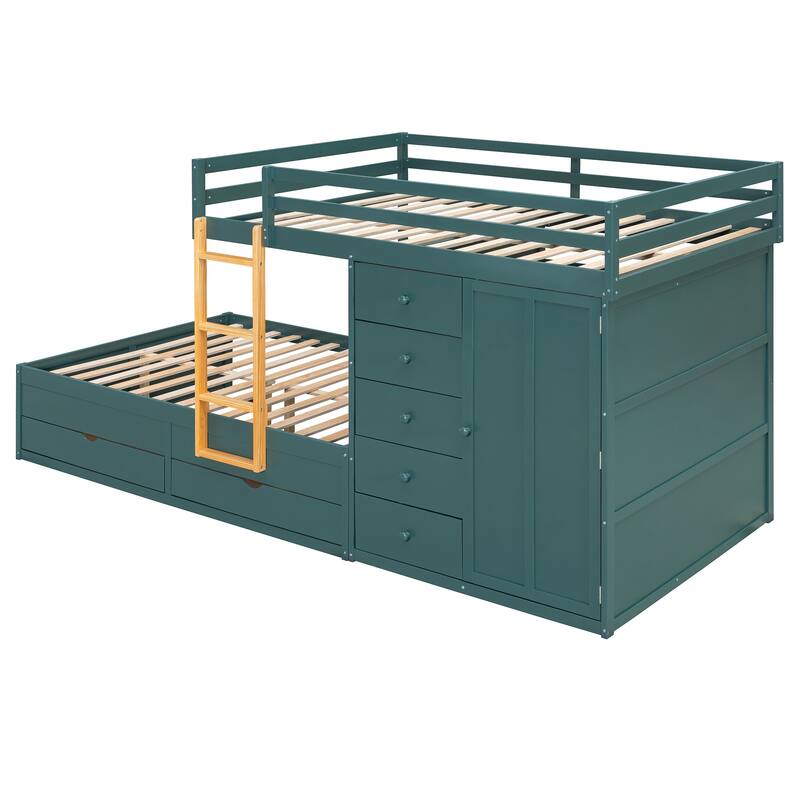Full Size Bunk Bed with Storage - 2 Large & 5 Small Drawers, Small Wardrobe, MDF & Solid Wood