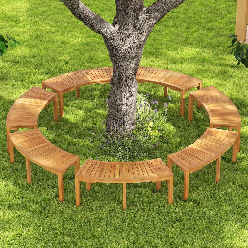 Solid Acacia Wood Outdoor Bench with Curved Design 45" Backless Seat for Garden or Deck - 19" x 45" x 17" (L x W x H)