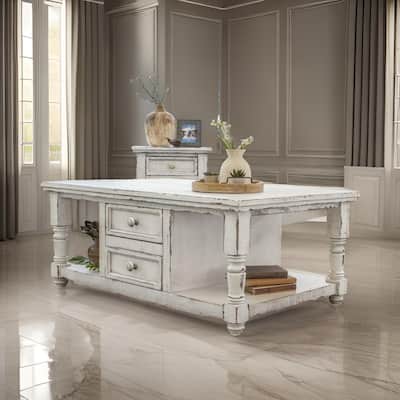 Genie 50 Inch Cocktail Coffee Table 4 Drawer Shelves White Mango Wood
