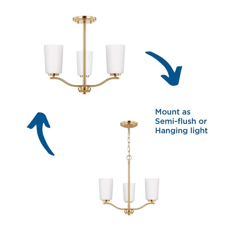 Adley Collection Three-Light Satin Brass Etched White Glass New Traditional Semi-Flush Convertible Light