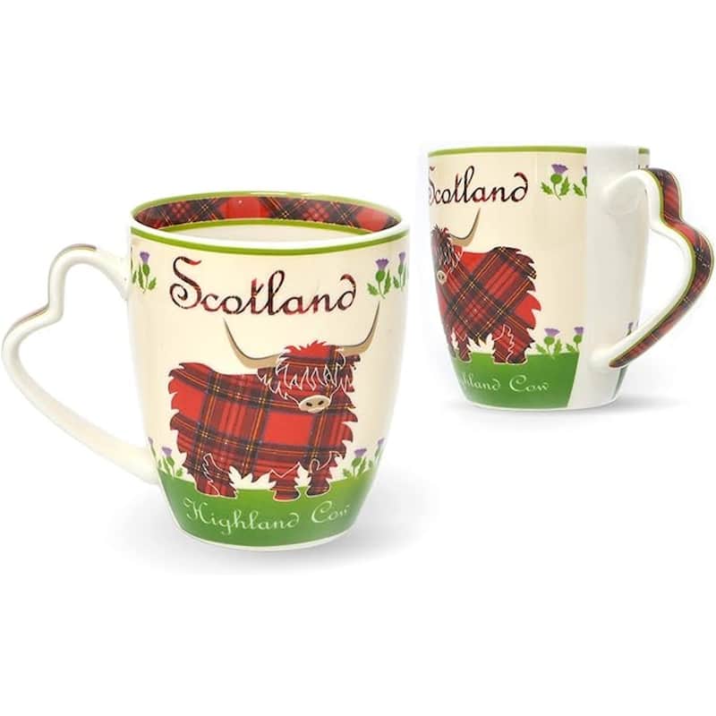 13oz Scottish Highland Cow Tartan Bone China Mug with Thistle Motifs Microwave and Dishwasher Safe - 2-Piece