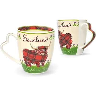 13oz Scottish Highland Cow Tartan Bone China Mug with Thistle Motifs Microwave and Dishwasher Safe