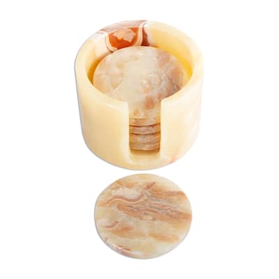 NOVICA Artisan Handblown Onyx Coasters Mexican Ivory Brown Stone Tableware Gemstone Barware 'Elegant Earth'(Set of 6)