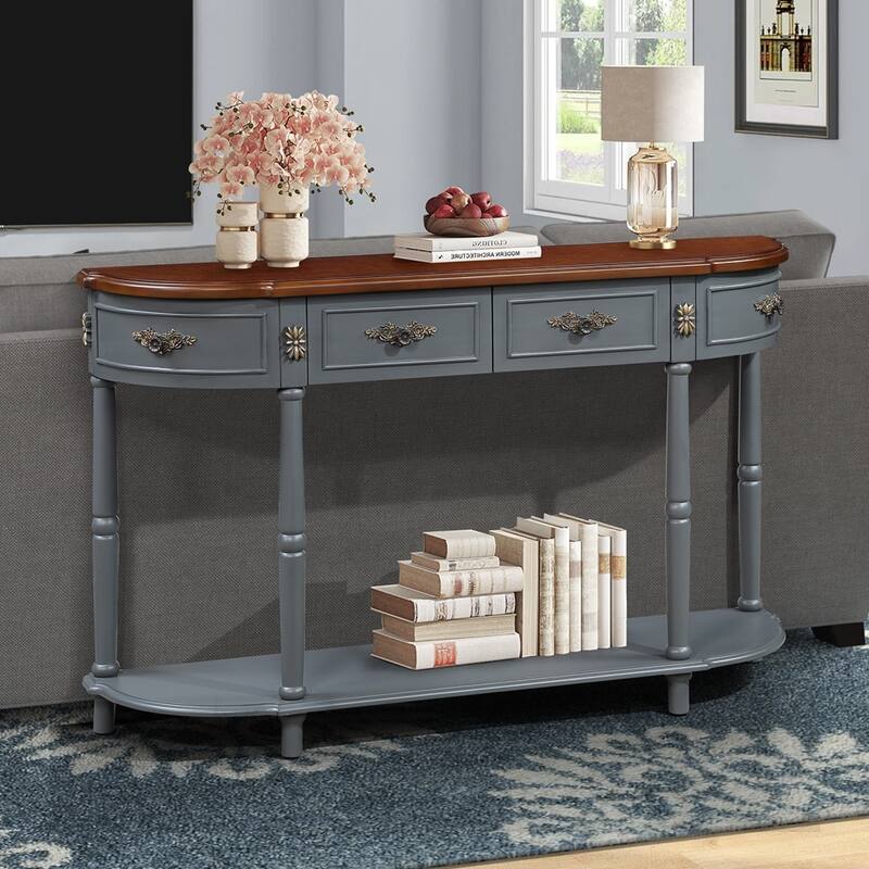 Living Room Hallway Retro Curved Wood Console Table Sofa Table with Shelf and 2 Drawers