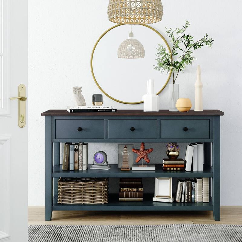 Retro Design Console Table with Two Open Shelves, Pine Solid Wood Frame and Legs - Navy