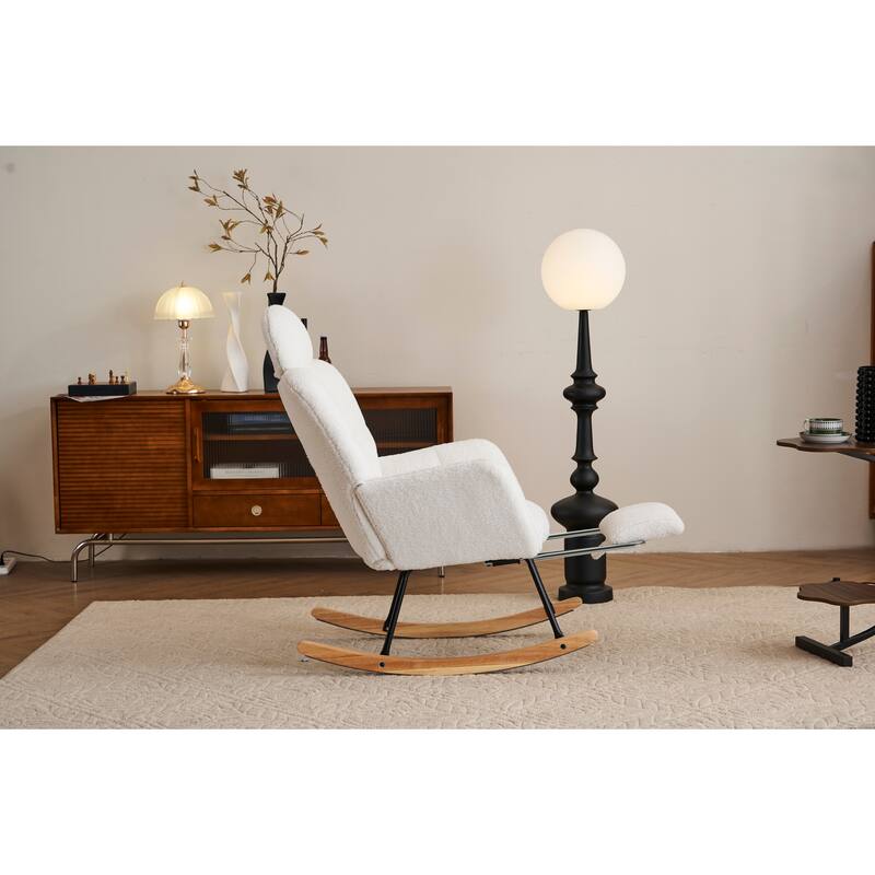 Comfortable Teddy Fabric Upholstered Rocking Chair with High Backrest and Pillows for Indoor Use