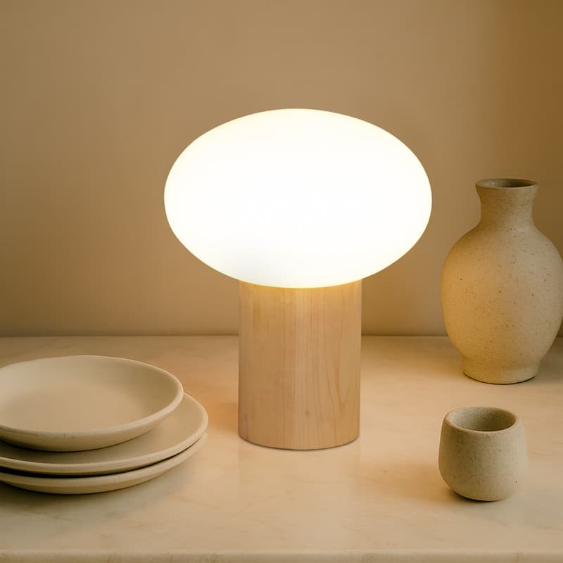Brightech Ivy LED Glossy Wood Midcentury Round Globe Dimmable Bedside Nightstand Desk Lamp