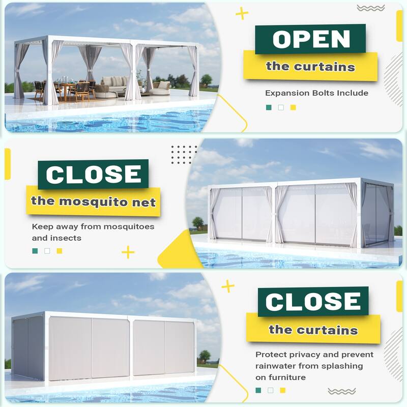 Outdoor Louvered Pergola, Outdoor Patio Hardtop Gazebo, Adjustable Metal Roof Curtains and Netting Included