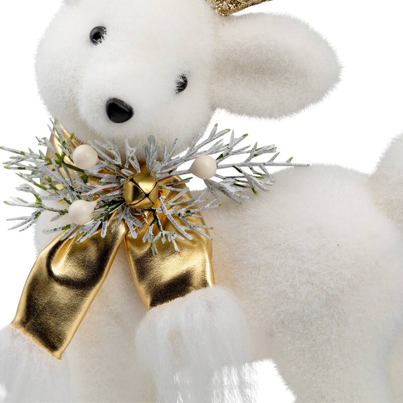 Glittered Standing Deer with Jingle Bell Christmas Figure - 12.25" - White and Gold