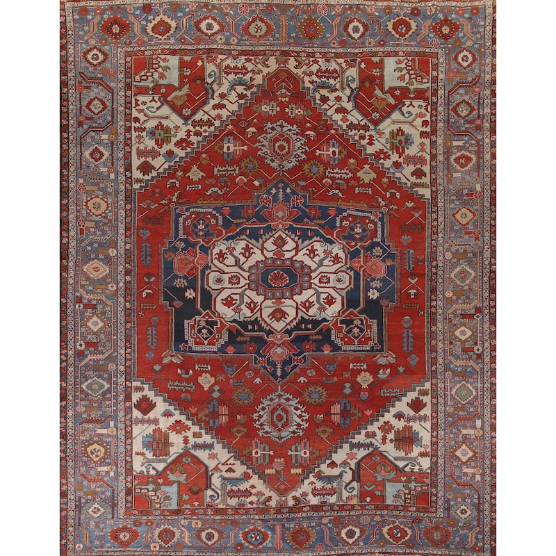 Pre-1900 Antique Heriz Serapi Persian Rug Handmade Wool Carpet - 11'0" x 12'10"