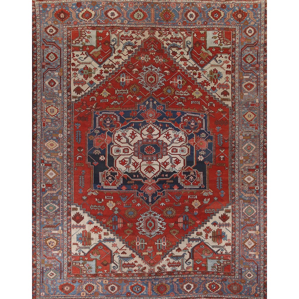 Pre-1900 Antique Heriz Serapi Persian Rug Handmade Wool Carpet - 11'0" x 12'10"