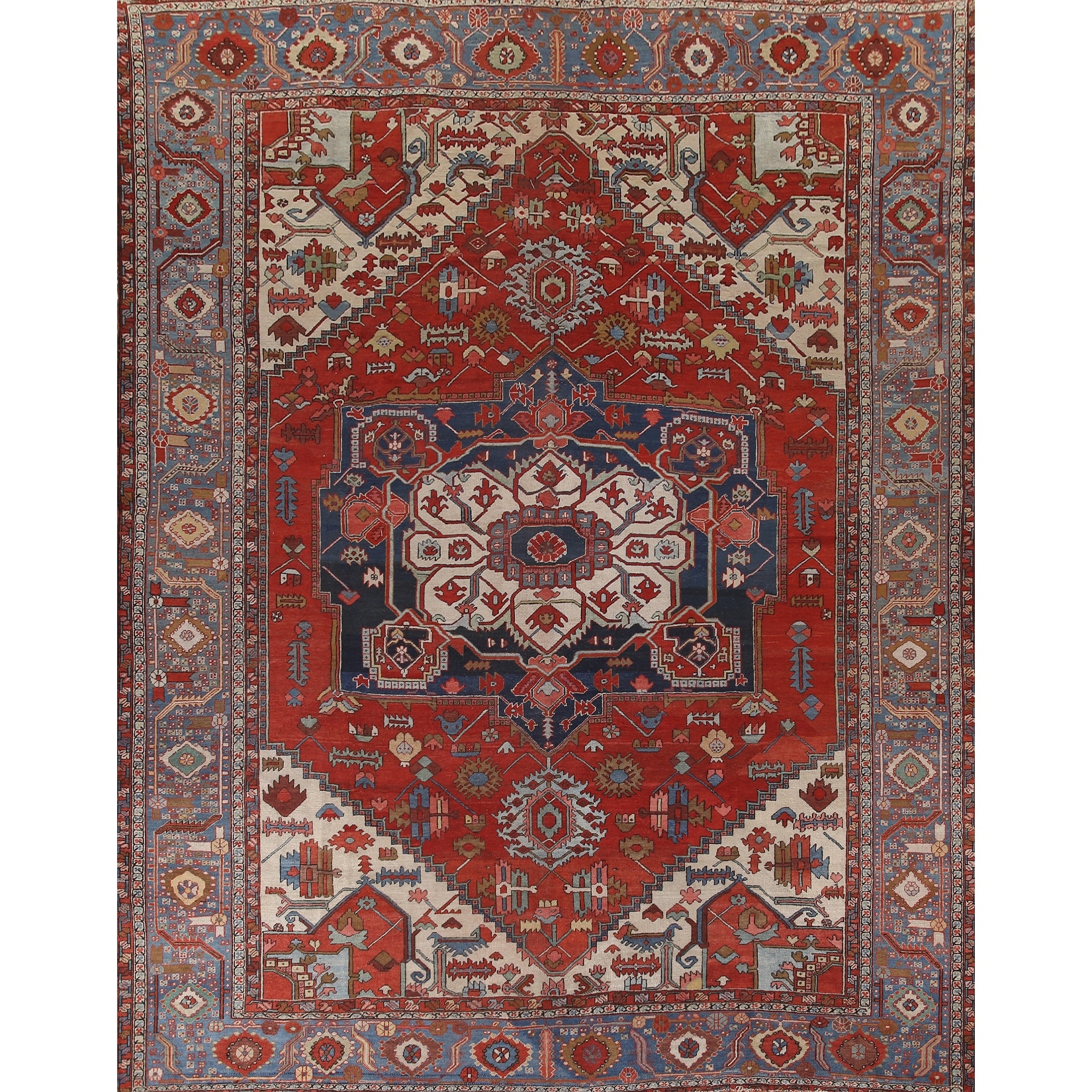 Pre-1900 Antique Heriz Serapi Persian Rug Handmade Wool Carpet - 11'0" x 12'10"