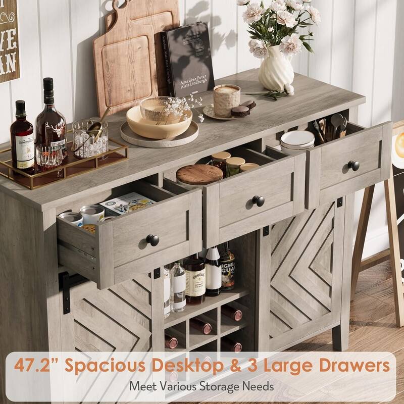 47.2" Farmhouse Sideboard, 33.4" High, with 3 Drawers, Adjustable Shelves and Removable Wine Rack, White