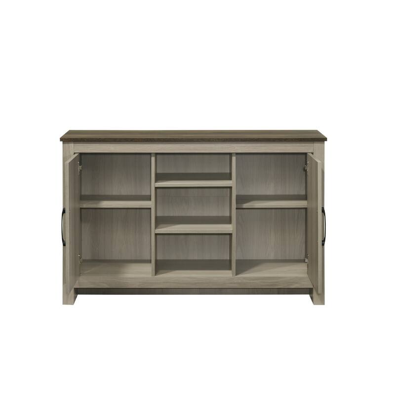 Nena Console Table with 3 Shelves and 2 Cabinet Doors, Gray Wood