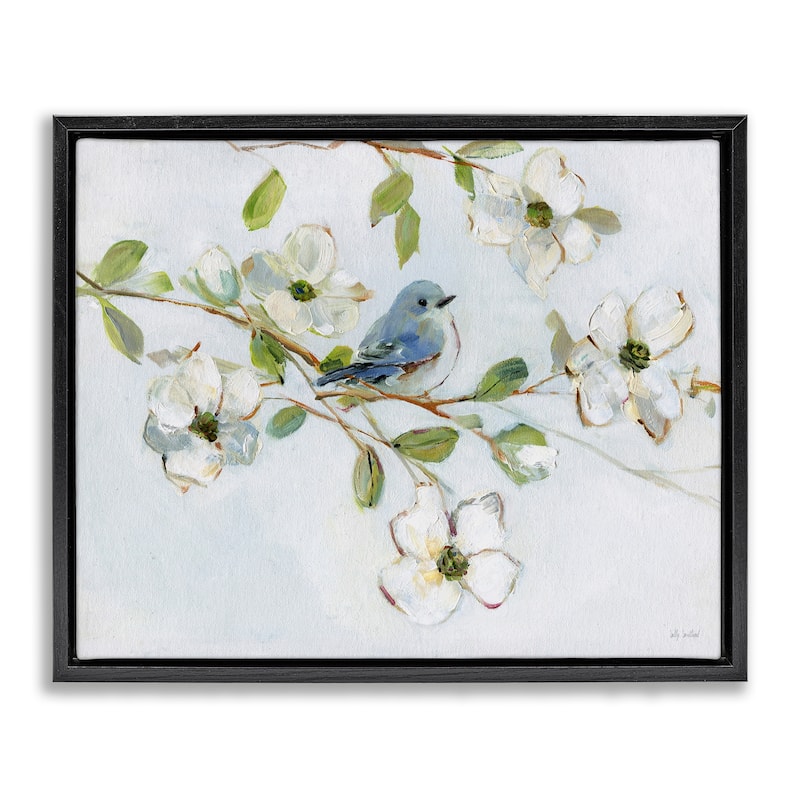 Stupell Bird Perched on Dogwood Framed Floater Canvas Wall Art Design By Sally Swatland - 21 x 17 - Black