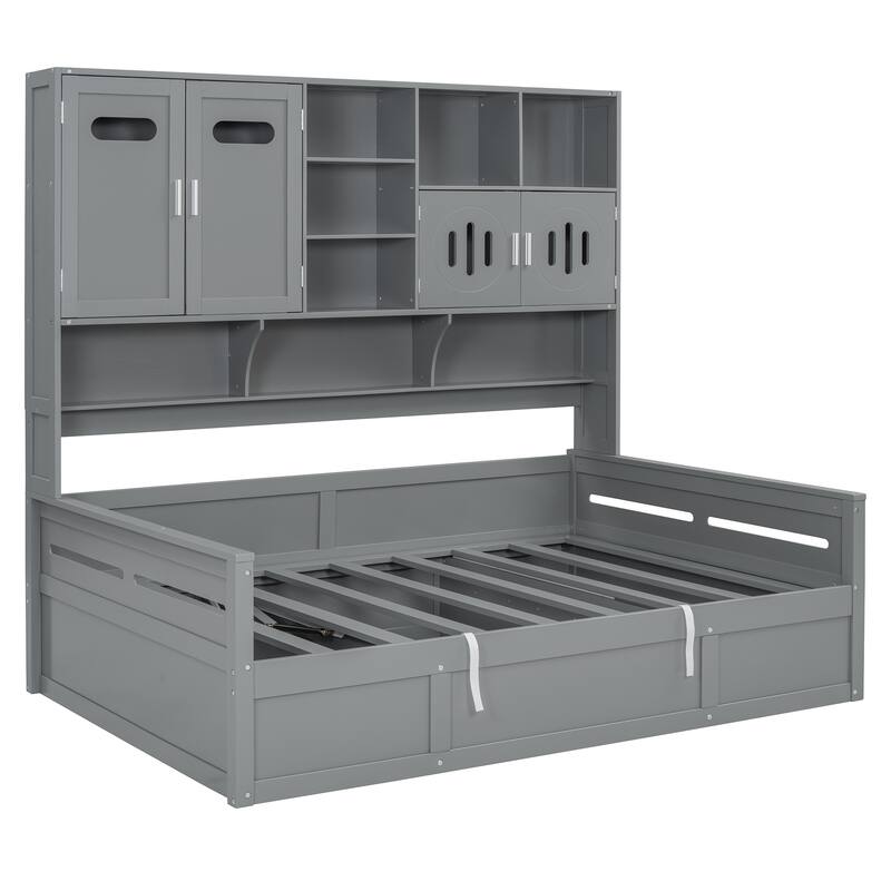 Wooden Daybed Storage Platform Bed with All-in-One Cabinet and Shelf, 10 Slats Multi-Functional Space-Optimizing Bed Frame